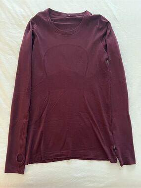Swiftly Tech Long-Sleeve Maroon Shirt. Hip Length